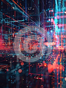 A digital abstract depicting massive information streams, complex graphs, and interfaces representing AI data processing