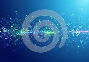 Digital abstract design featuring interconnected lines and nodes forming a network pattern. Various