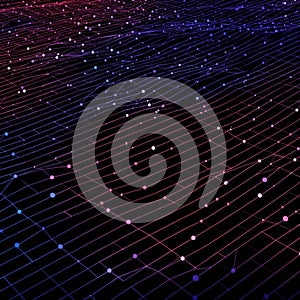 A digital abstract displaying a network of interconnected lines and nodes on a dark