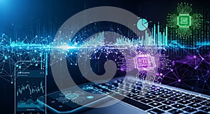 Digital network connections with glowing circuit boards and data visualizations technology