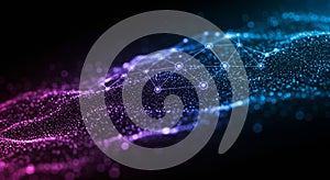 A digital abstract image features a network of interconnected nodes. Glowing lines