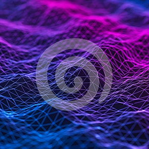 A digital abstract landscape featuring a wireframe mesh in undulating waves. The