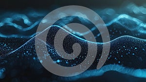 Digital Abstract Landscape Flowing Blue Particles on Dark Background for Technology, Data, and Science Concepts