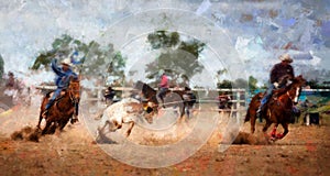 Digital Abstract Painting Of Team Calf Roping At A Country Rodeo