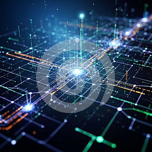 Features a complex grid pattern of interconnected lines in various shades