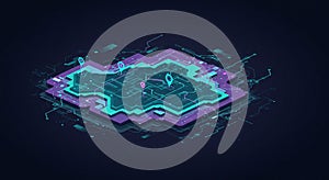 A digital, abstract representation of a three-dimensional map. Features layers in