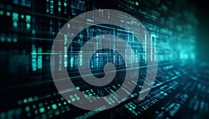 Digital abstract technology. Programming script binary coding snippet on glowing software flowchart background. Generative AI