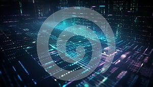 Digital abstract technology. Programming script binary coding snippet on glowing software flowchart background. Generative AI