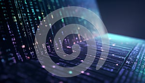 Digital abstract technology. Programming script binary coding snippet on glowing software flowchart background. Generative AI