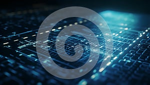 Digital abstract technology. Programming script binary coding snippet on glowing software flowchart background. Generative AI