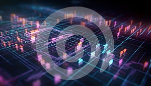 Digital abstract technology. Programming script binary coding snippet on glowing software flowchart background. Generative AI