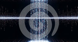 A digital abstract visualization featuring streams of binary code cascading
