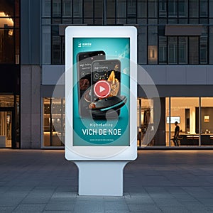 A digital advertisement display stands in front of a modern building. The ad features