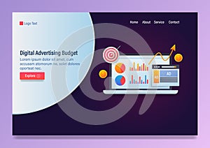 Digital advertising, advertising budget, advertising campaign analytics concept, vector web banner template with icons and text.