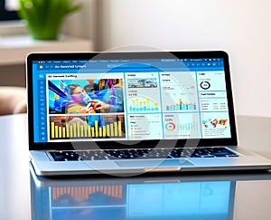 Digital advertising interface on laptop with AI-generated content, analytics charts, chatbot, and customer reviews.