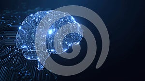 Digital AI chip integral into abstract technology brain on dark blue background. Circuit board tech bg. Low poly wireframe AI mind