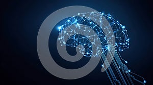 Digital AI chip integral into abstract technology brain on dark blue background. Circuit board tech bg. Low poly wireframe AI mind