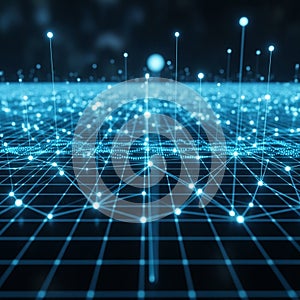 A digital, AI-generated blue network grid extends across the image, featuring