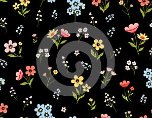 Whimsical Floral Seamless Pattern on Black Background