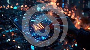 Digital AI Interface Tablet with Futuristic Data Visualization, Night Cityscape Background, and Human Touch