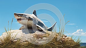 Digital Airbrushed Shark Resting On Rock By The Ocean