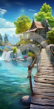 Digital Airbrushing: Enchanting Bridge With Little House - Uhd Fairy Tale Illustration