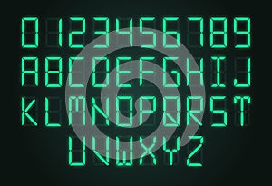 Digital alarm alphabet. Electronics watches letters, clock numbers and alphabet. Scoreboard, calculator typography font