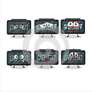 Digital alarm clock cartoon character with sad expression