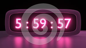 Digital alarm clock with pink clockface waking up at 6 AM. The numbers on the clock screen changes from 5:55 to 6:00 AM