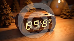 A digital alarm clock is placed on the wooden table