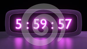 Digital alarm clock with purple clockface waking up at 6 AM. The numbers on the clock screen changes from 5:55 to 6:00