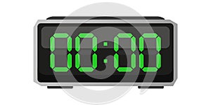 Digital alarm clock. Zero hours time. Time 00 00. Green numbers vector. Electronic LED display.