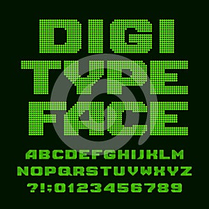 Digital alphabet font. Led display pixel letters and numbers.