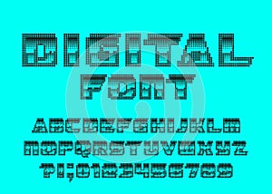 Digital alphabet font. Pixel letters and numbers.