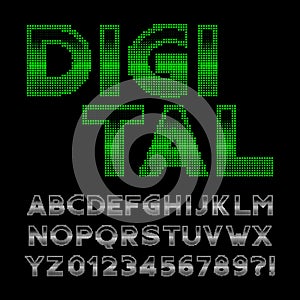 Digital alphabet font. 80s retro display pixel letters and numbers.