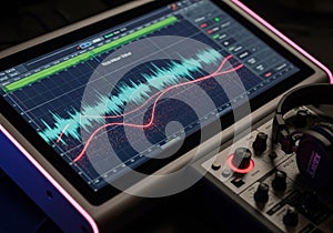 A digital analysis display features sound or data graphs, with the text 
