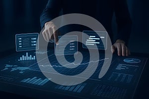 Digital analyst interacting with futuristic data display showing charts and graphs illustrating business analytics