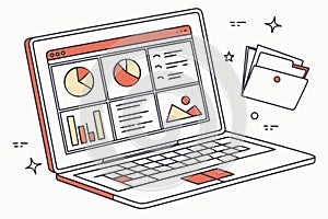 Digital analytics dashboard displaying pie charts, bar graphs, and data metrics on a laptop with colorful visuals in a workspace