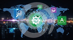 Digital analytics and data processing with interconnected global network and colorful