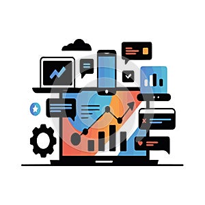 Digital analytics data visualization with charts and devices graph statistics