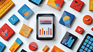 Digital analytics and data visualization icons for business technology