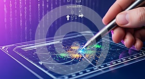 Digital analytics interface with stylus interacting with data visualization and binary code