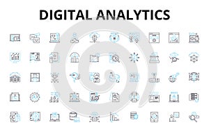 Digital analytics linear icons set. Metrics, Insights, Attribution, Conversion, Big data, KPI, Segmentation vector