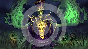 Digital animated painting of a necromancer queen character raising an undead army- fantasy illustration animation