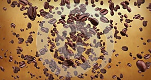 Digital animation coffee beans flying in vortex on golden background with fade out, loop seamless