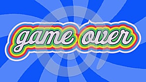 Digital animation of game over text with rainbow shadow effect against blue radial background