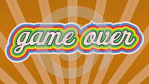 Digital animation of game over text with rainbow shadow effect against orange radial background