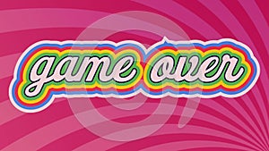 Digital animation of game over text with rainbow shadow effect against pink radial background