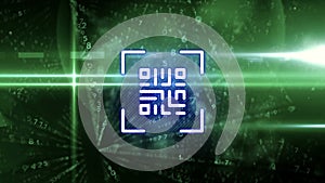 Digital animation of glowing neon blue qr code against rows of changing numbers on green background
