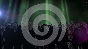 Digital animation of green and purple shining lights over silhouette of people dancing
